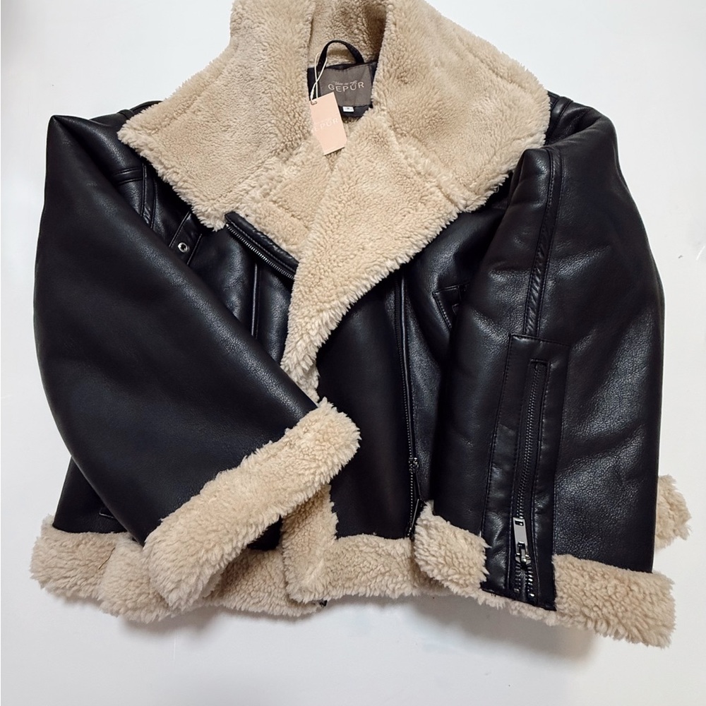 Black and Cream Faux Leather Jacket
